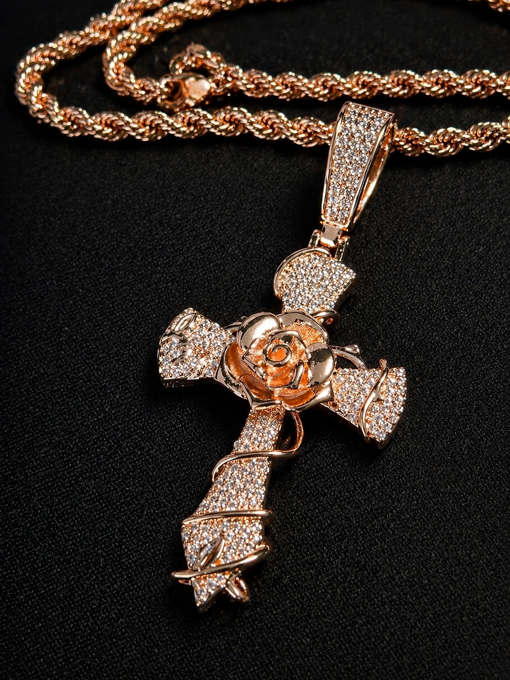 Rose Gold Floral Cross Pendant Necklace